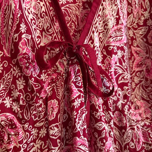 Boho Burgundy Silk Floral V Neck Loose Tunic Dress, Swim Cover up | One Size - Picture 3 of 5